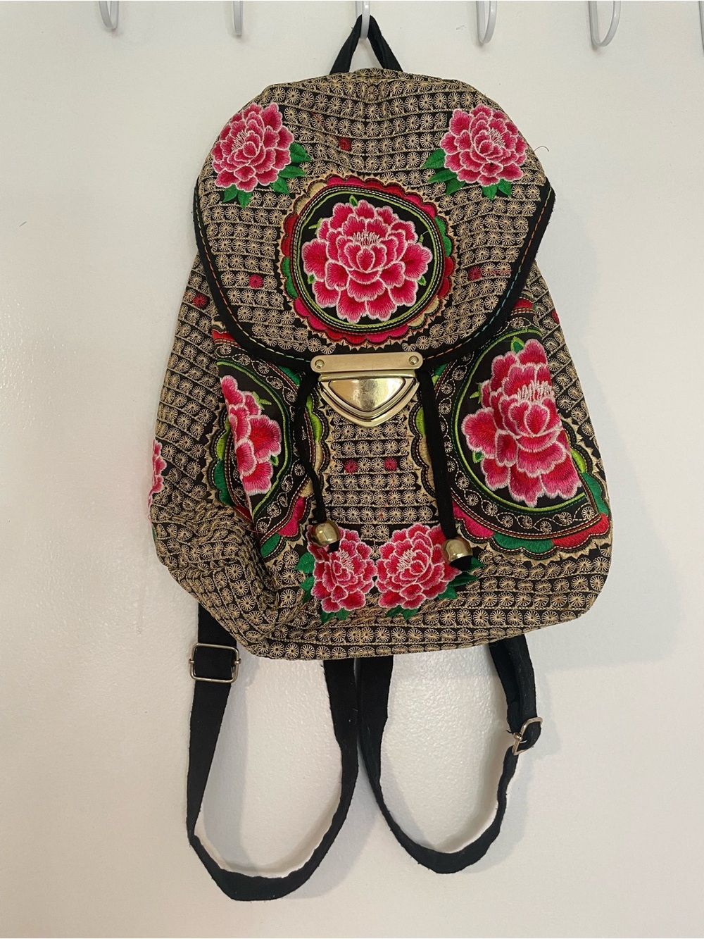 Floral Embroidered Music Festival Backpack - Pink Floral Accent